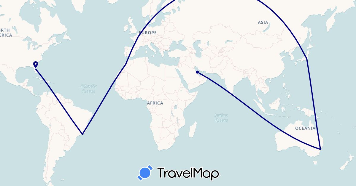TravelMap itinerary: driving in Australia, Bahrain, Brazil, France, Japan, Morocco, United States (Africa, Asia, Europe, North America, Oceania, South America)